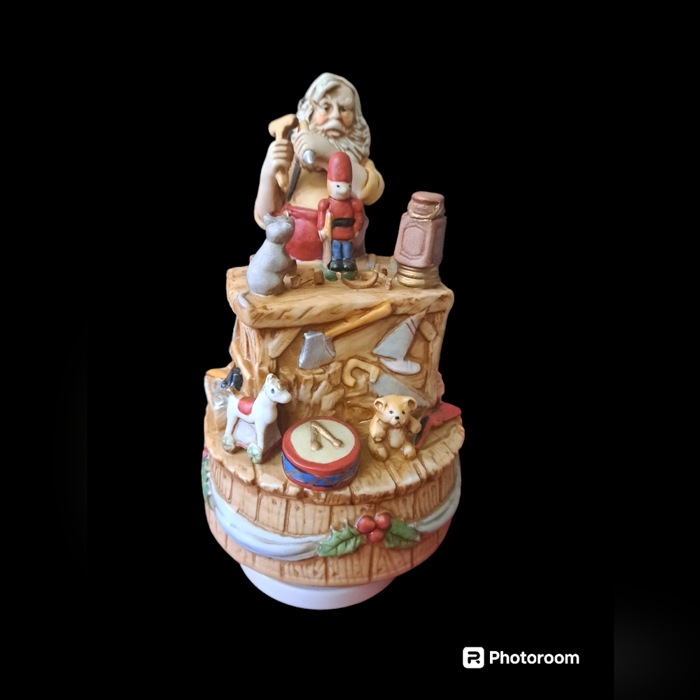Santa Workshop Christmas Music Box Ceramic Figurine Vintage Holiday Decor Magic